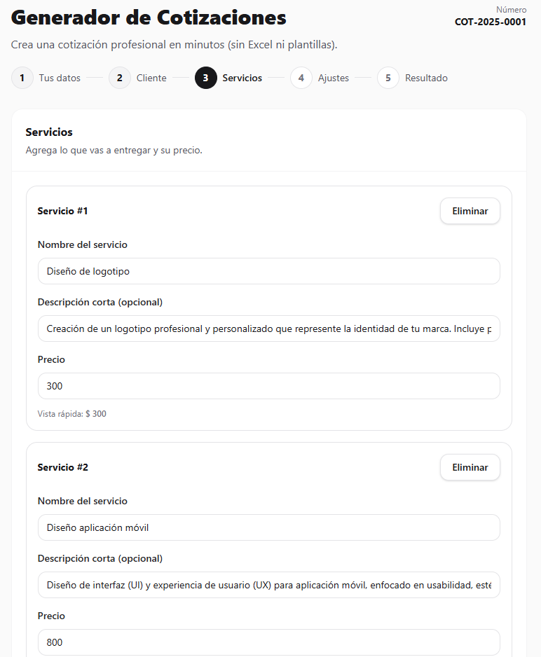 Paso de servicios del cotizador