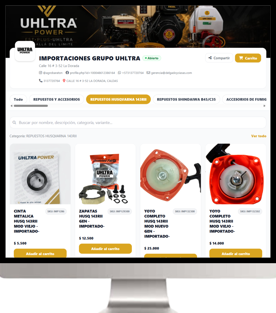 Productos y categorías en versión desktop