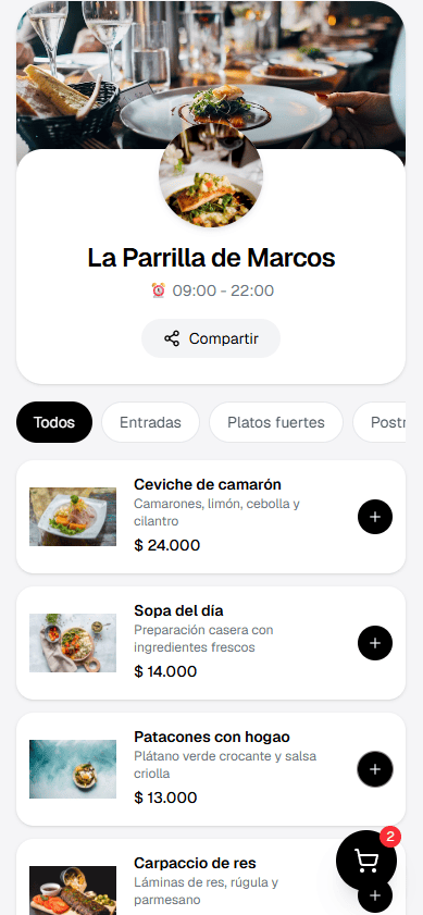 Vista demo del menu digital con productos