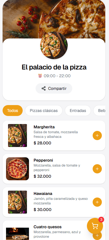 Vista demo de categorias del menu digital