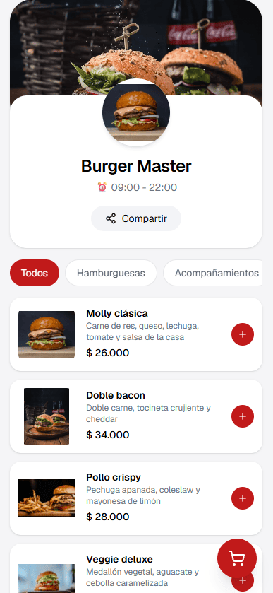 Vista demo de producto con opciones