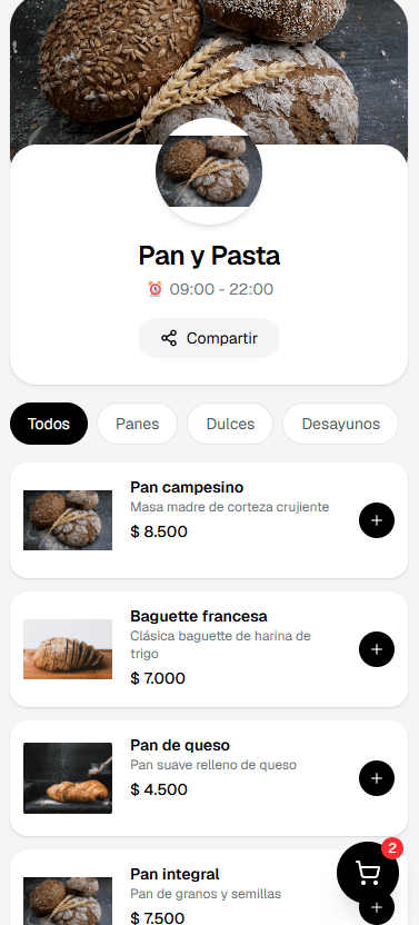 Vista demo del menu en celular